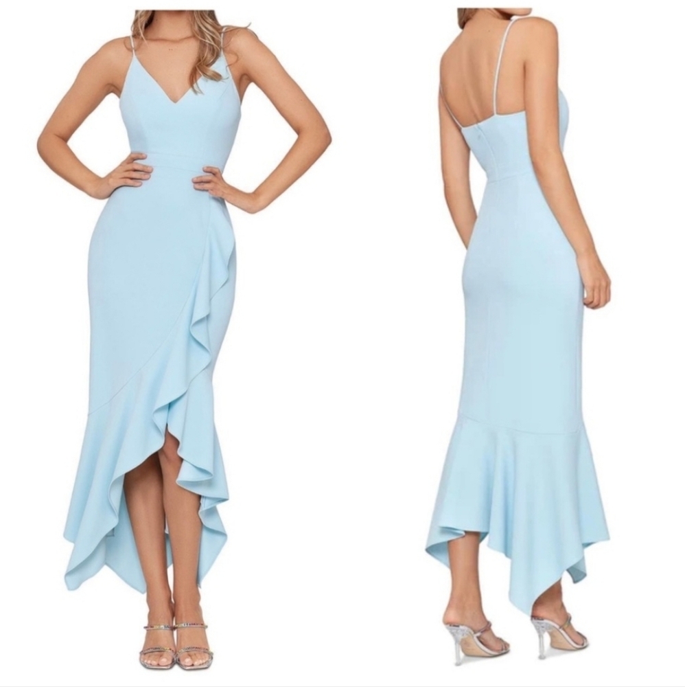 Xscape | Asymmetrical Ruffle Dress Light Blue Size 4